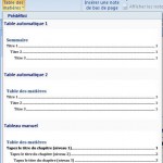 table des matirères pré-définie