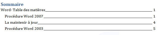 table des matières, résultat final